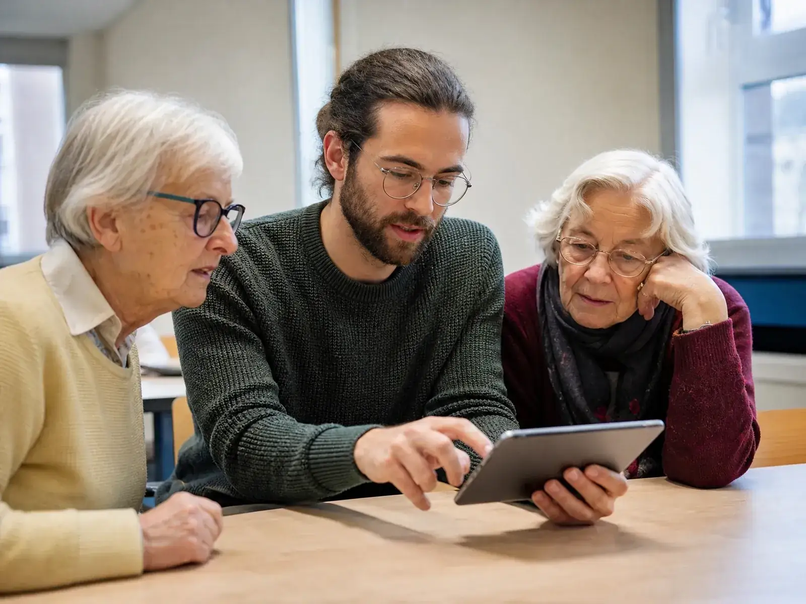 Computerkurse für Senioren anbieten: Kursleiter erklärt zwei Seniorinnen das Tablet