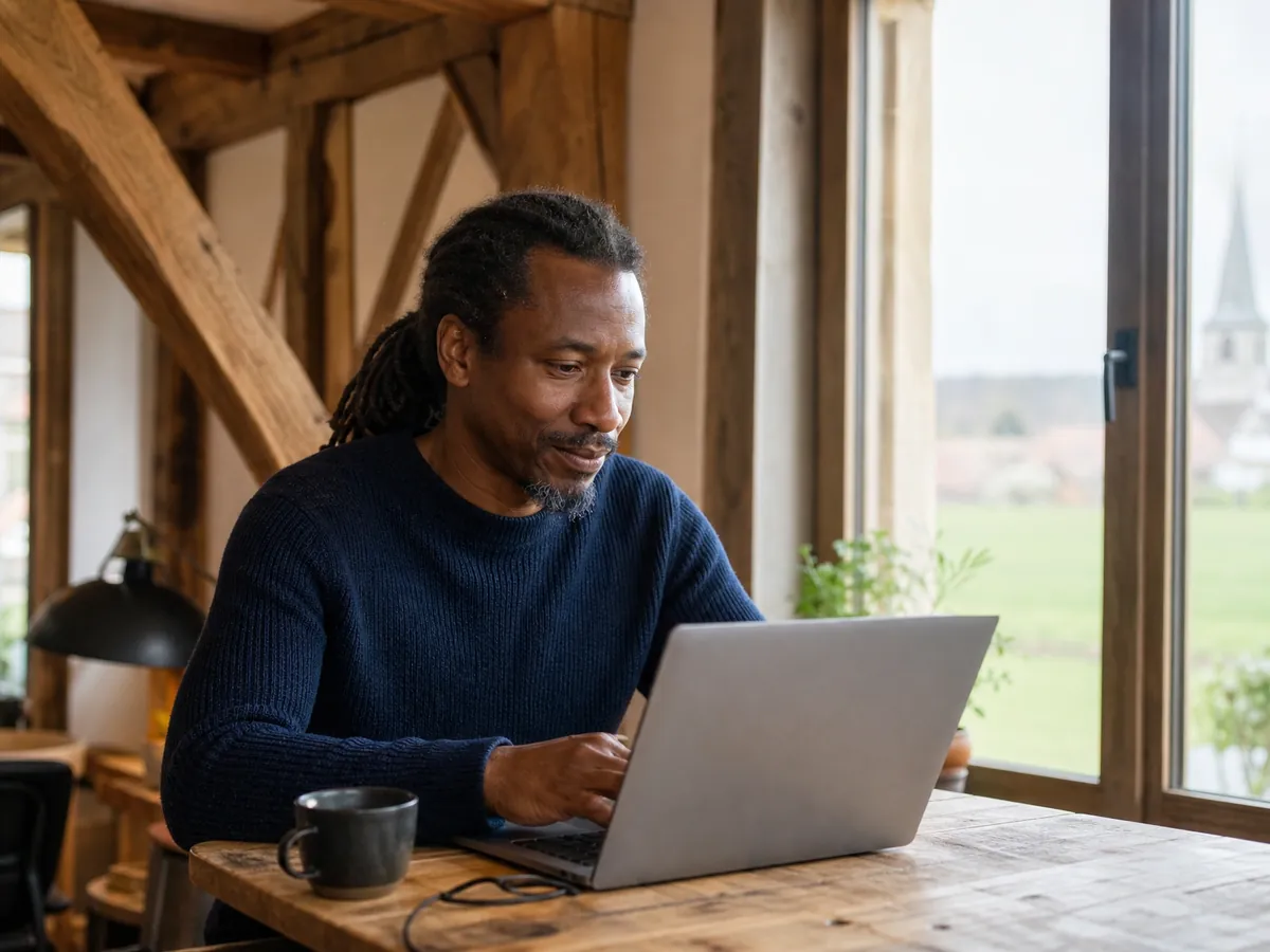 Pendler arbeitet in einem Coworking Space auf dem Land in einem umgebauten Bauernhaus