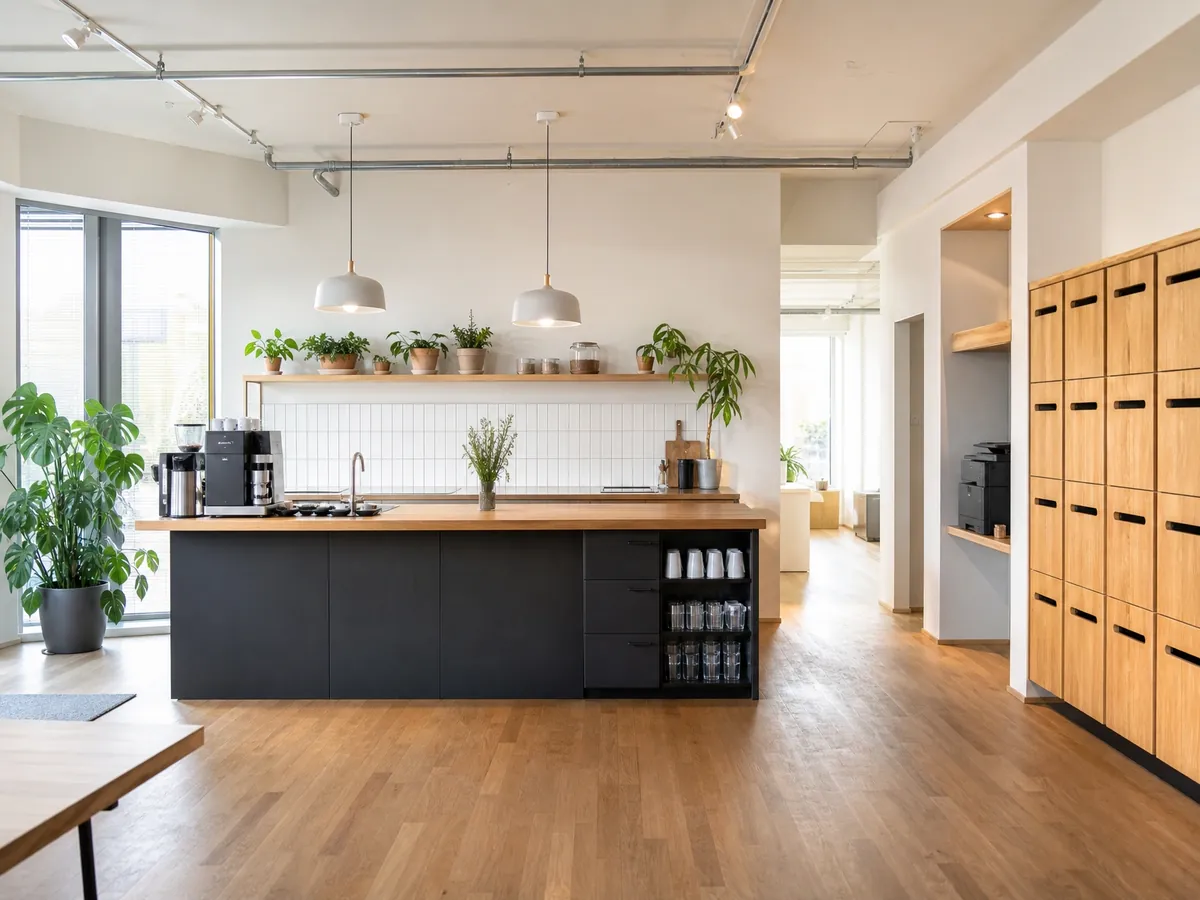 Gemeinschaftsküche eines Coworking Space mit Kaffeemaschine, Drucker und Postfächern als Zusatzleistungen