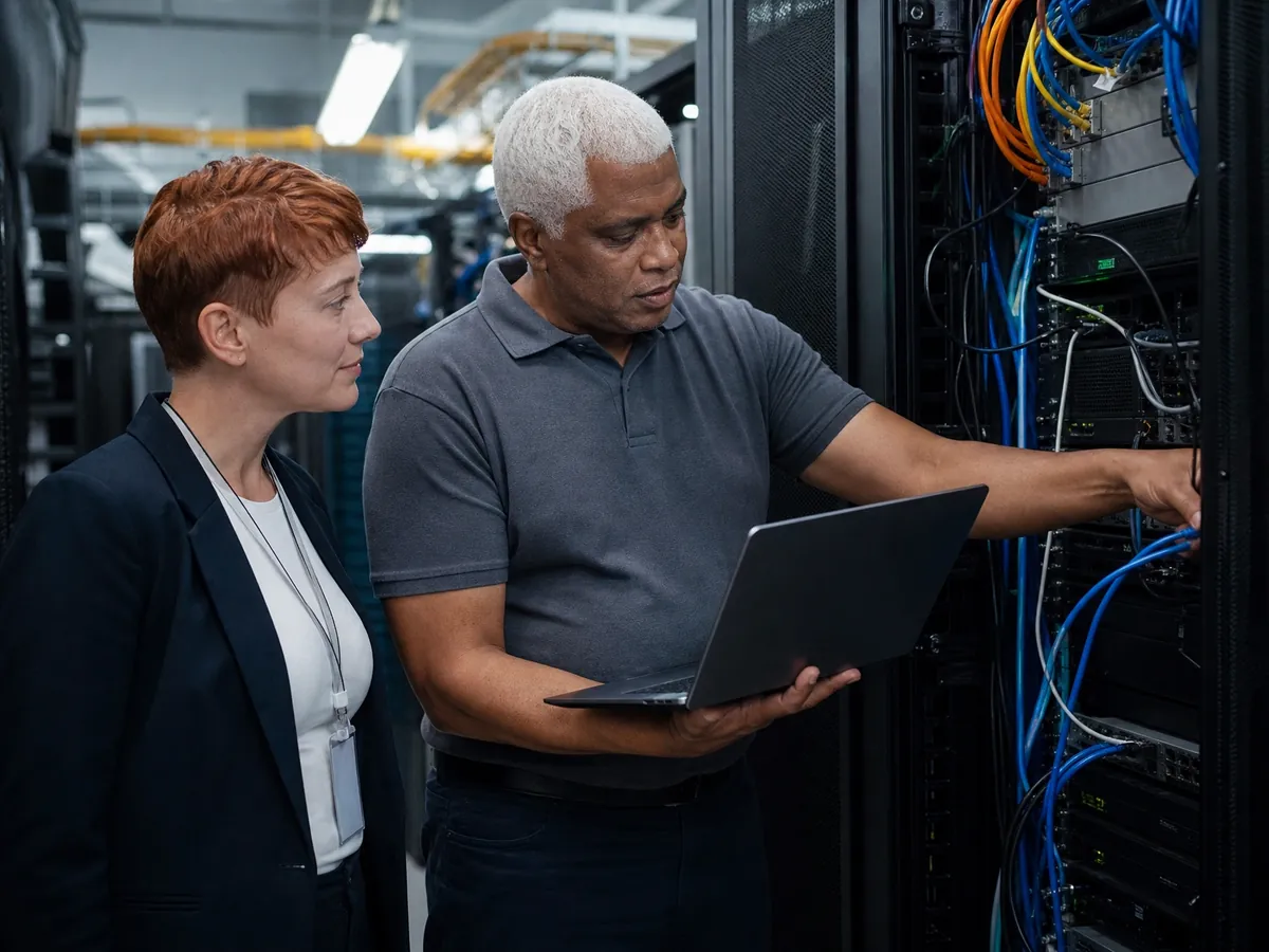 Penetrationstester prüft im Auftrag des Kunden im Serverraum die IT, die IT-Leiterin schaut zu