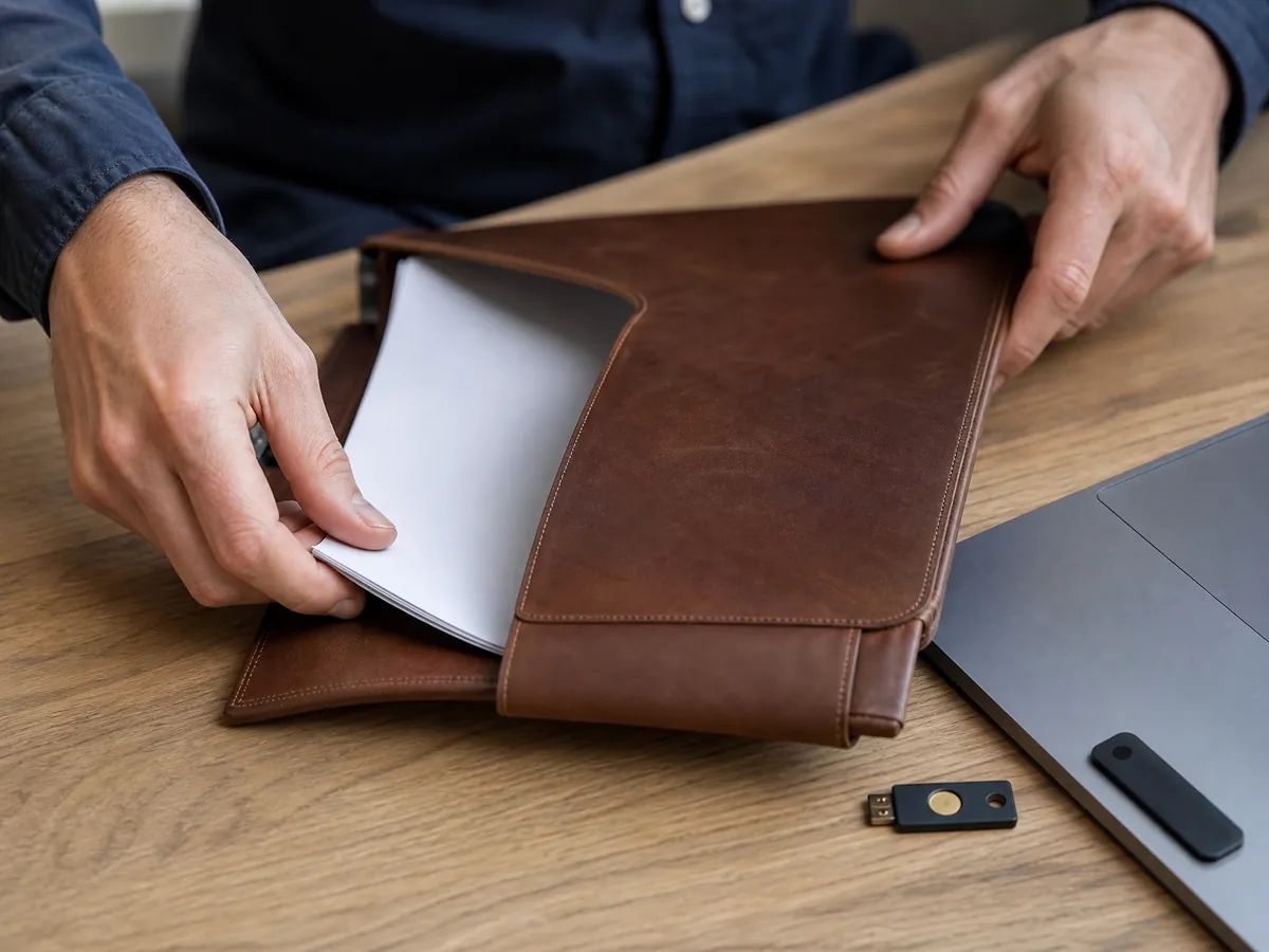 Hände legen einen Vertrag in eine Mappe, daneben Laptop und Sicherheitsschlüssel einer IT-Sicherheitsfirma