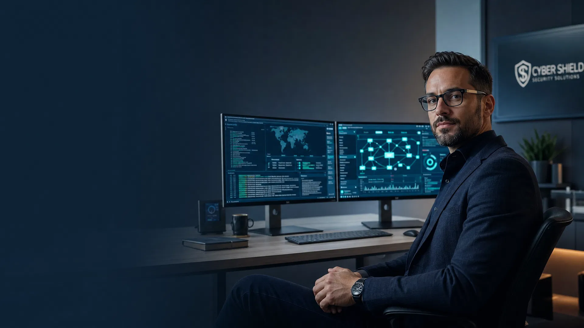 IT-Sicherheitsexperte mit Brille sitzt vor zwei Monitoren mit Netzwerk- und Sicherheitsübersicht