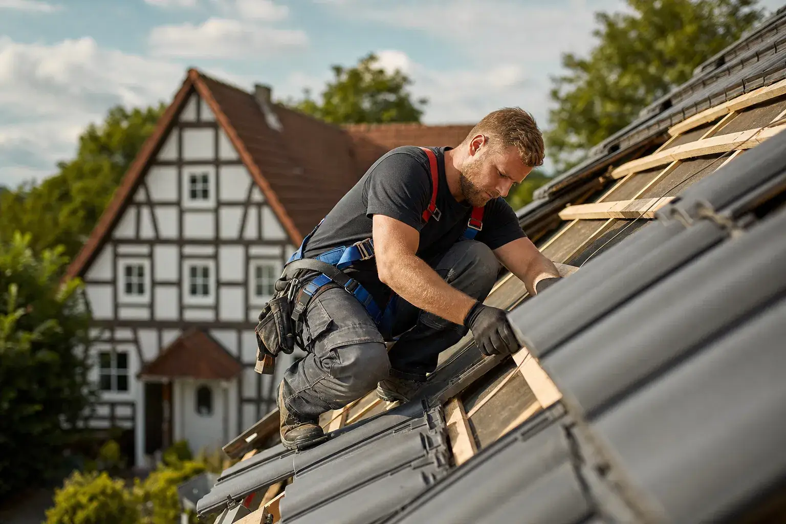 Dachdecker mit Auffanggurt verlegt graue Dachziegel auf einem Steildach, im Hintergrund ein Fachwerkhaus