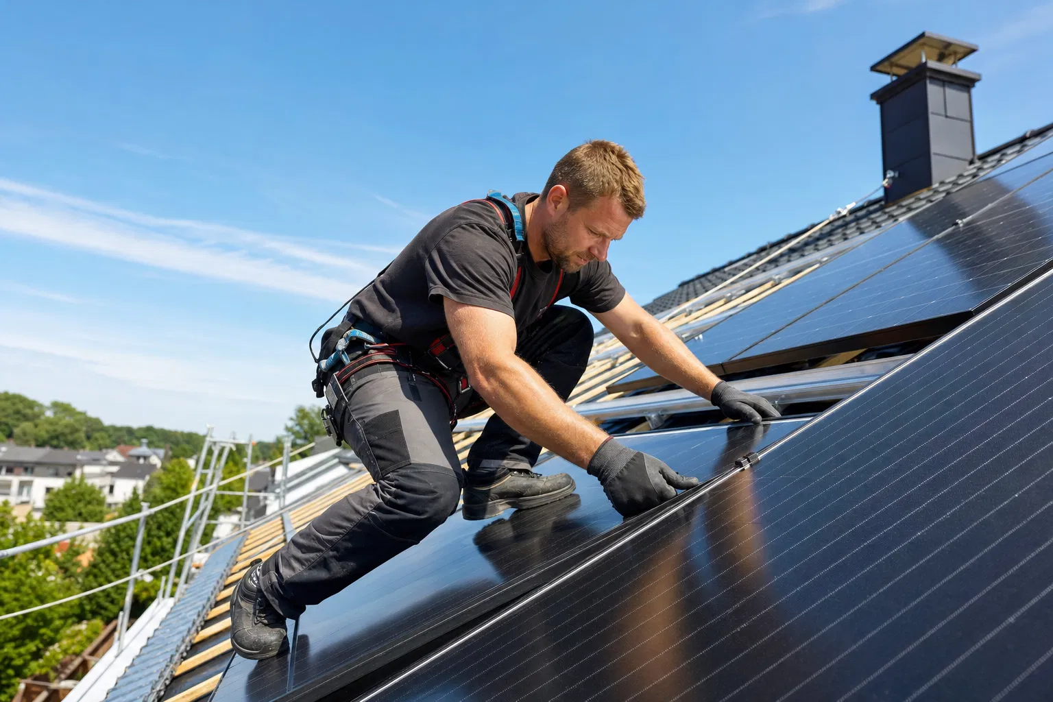 Handwerker mit Sicherungsgurt montiert Solarmodule auf einem Steildach bei blauem Himmel