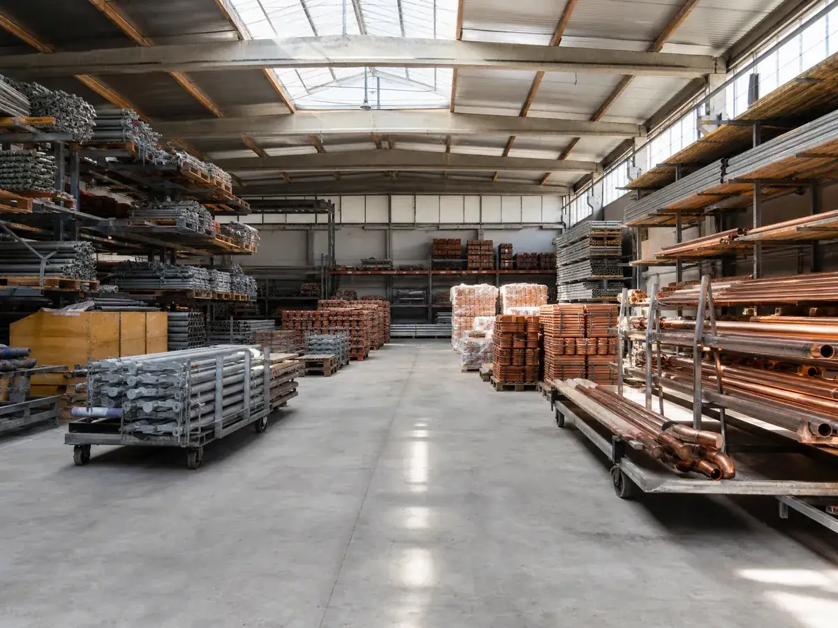 Lagerhalle eines Dachdeckerbetriebs mit Gerüst, Material und Fahrzeugen, die in den Kaufpreis einfließen