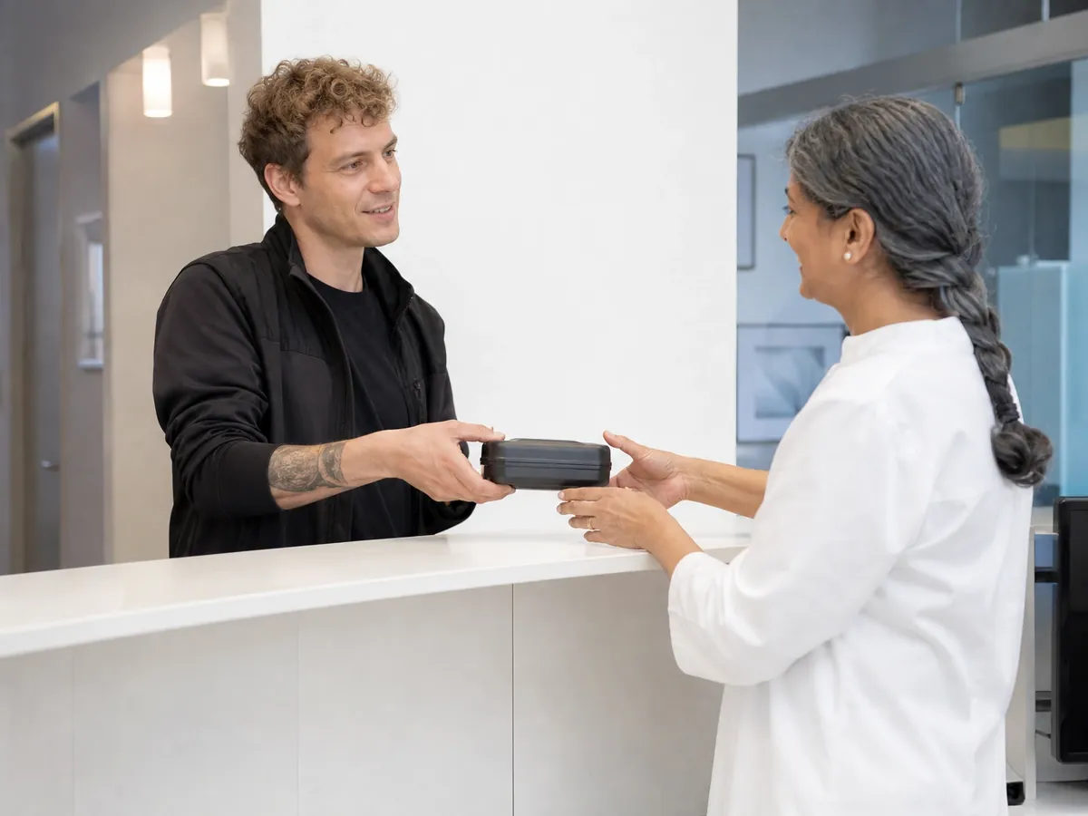 Zahntechniker bringt einer Zahnärztin in der Praxis eine fertige Arbeit aus dem Dentallabor