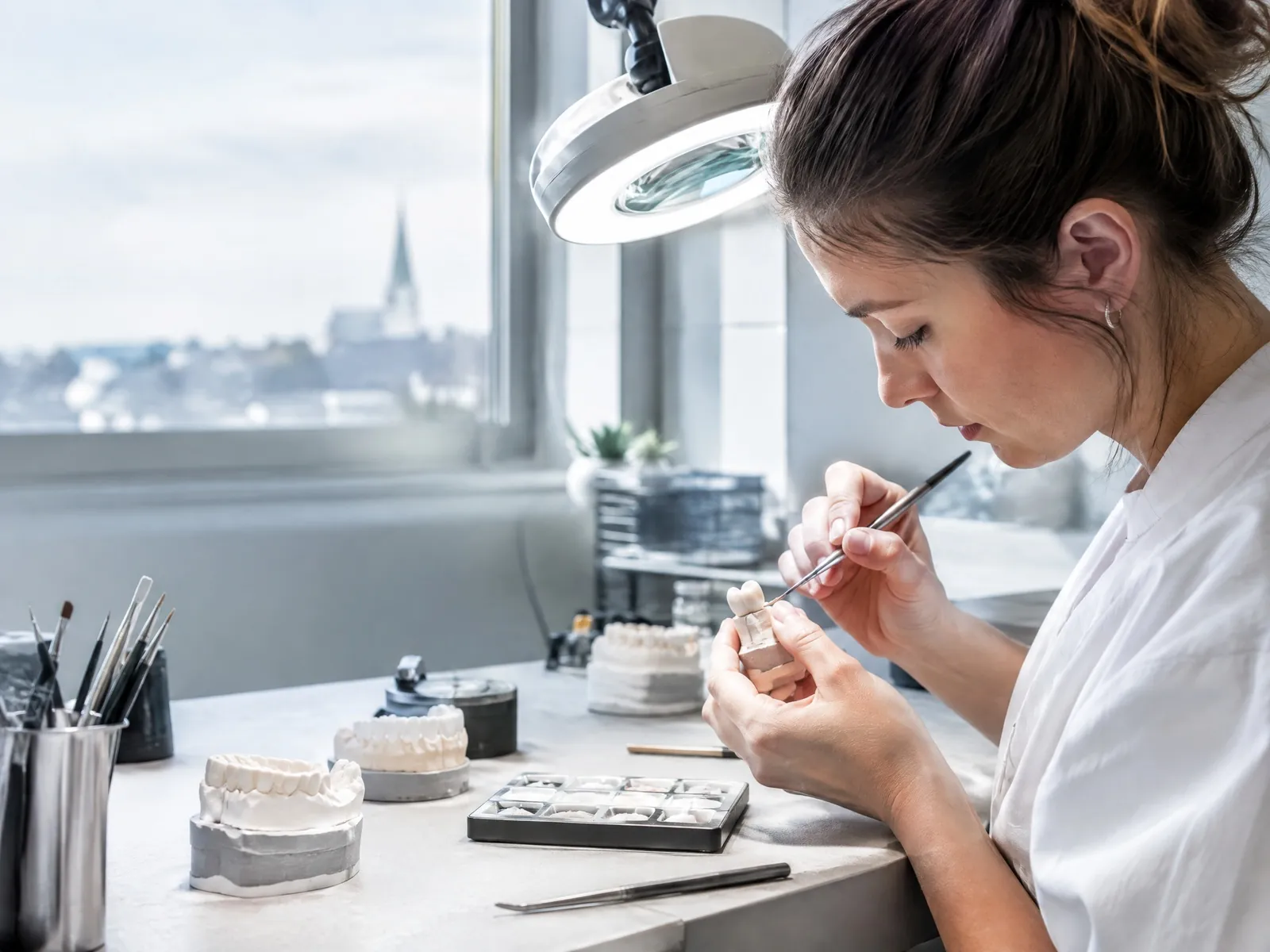Zahntechnikerin modelliert unter einer Lupenleuchte eine Zahnkrone, auf dem Arbeitstisch stehen Gipsmodelle