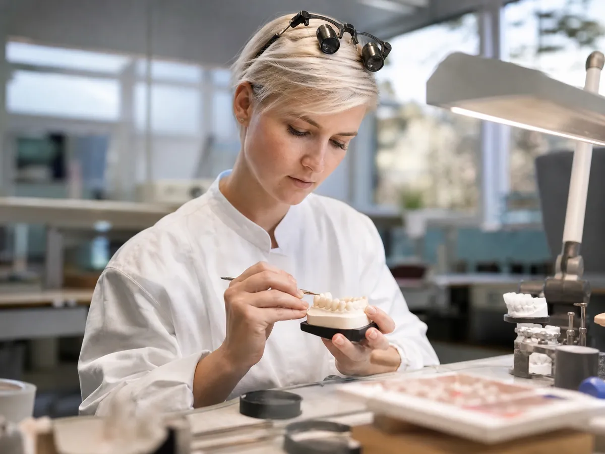 Zahntechnikerin modelliert im Dentallabor eine Keramikkrone auf einem Gipsmodell