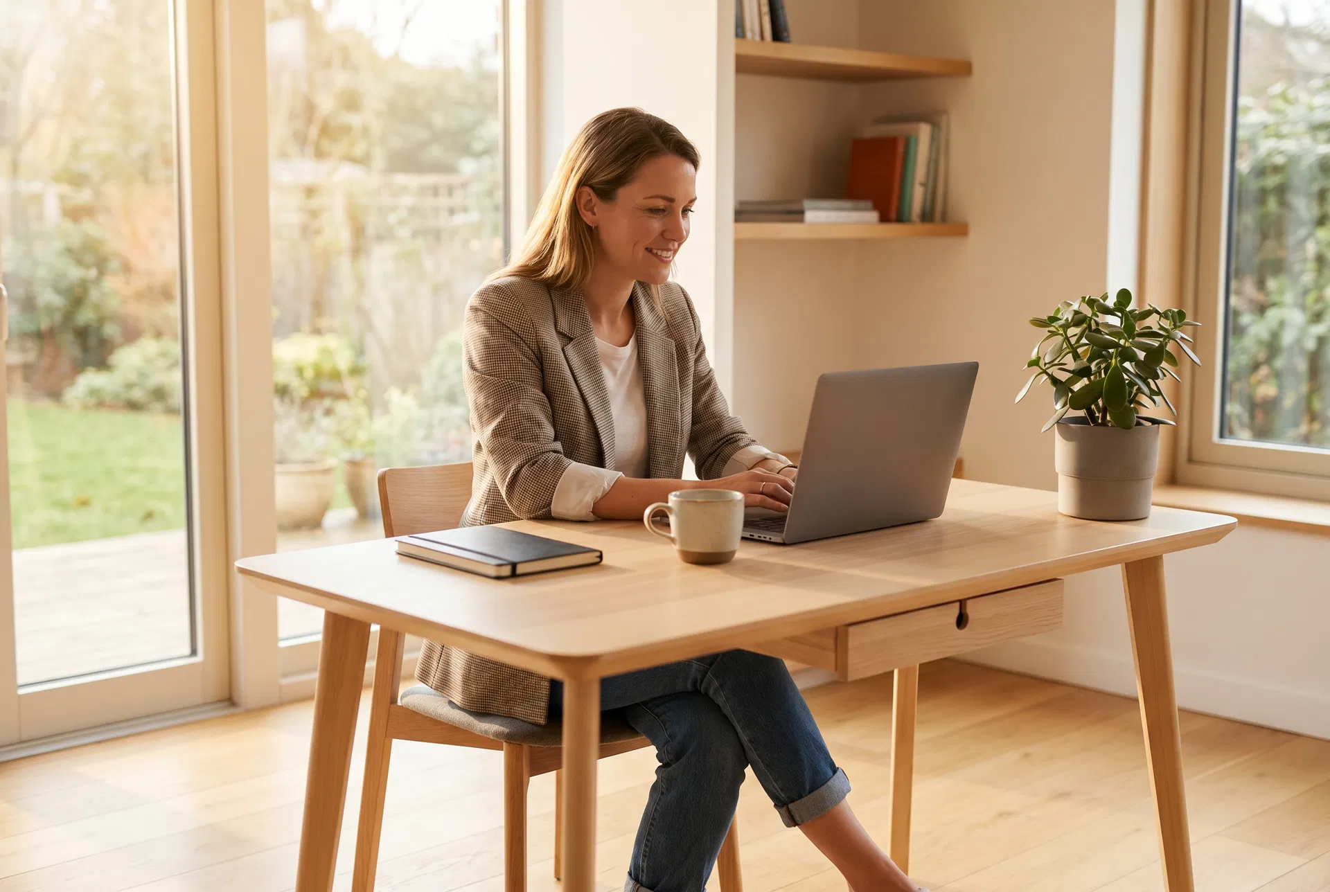 Frau sitzt lächelnd an einem Holztisch vor dem Laptop in einem hellen Arbeitszimmer mit Blick in den Garten