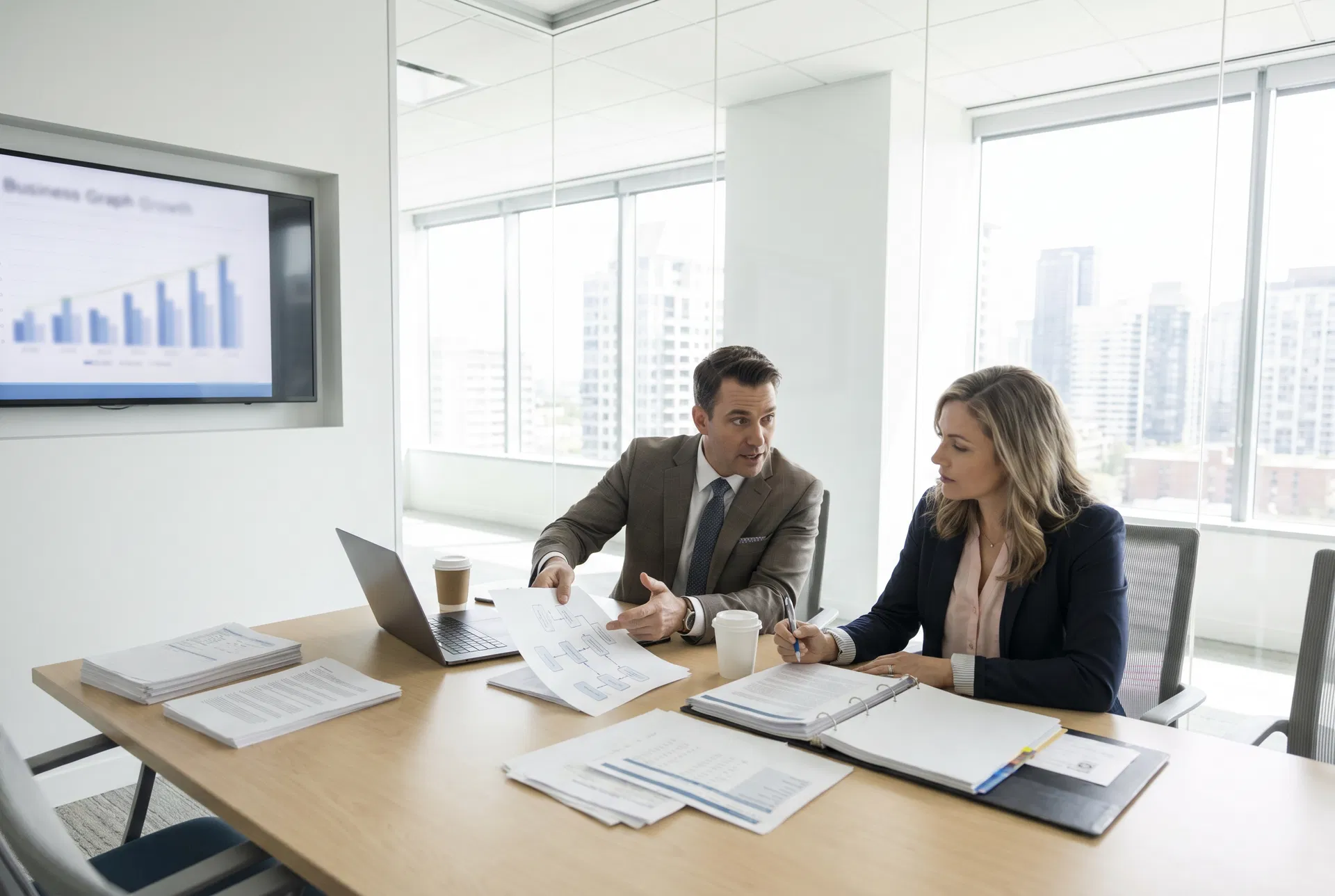 Mann und Frau sitzen in einem hellen Büro am Besprechungstisch und gehen Verträge und Unterlagen durch