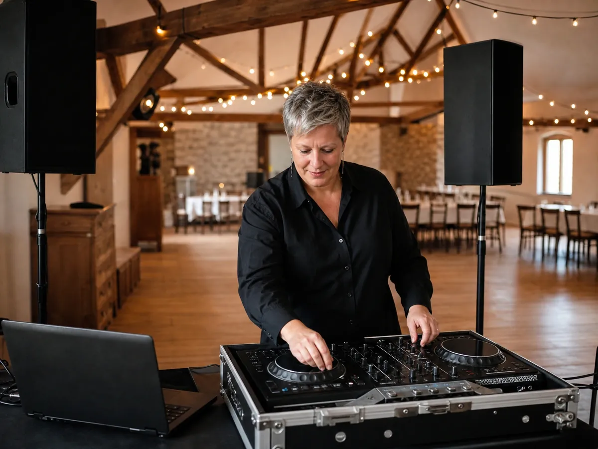 DJ baut vor einer Hochzeitsfeier im Saal eines Landgasthofs Controller und Lautsprecher auf