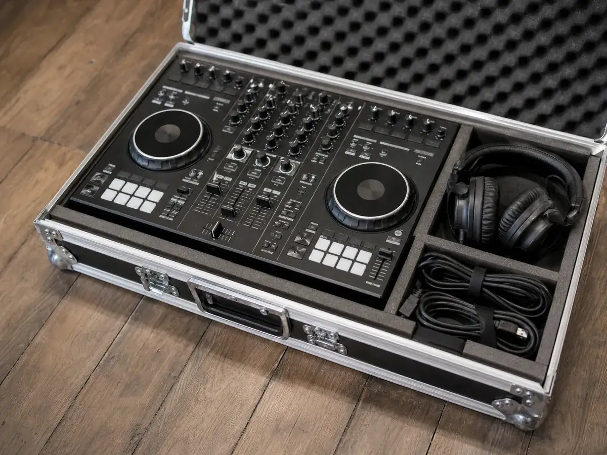 DJ-Controller, Kopfhörer und Kabel in einem Flightcase als abschreibbares Equipment
