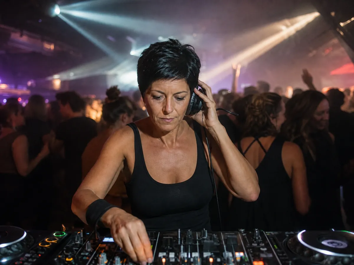 DJ legt live im Club am Mischpult auf, Lichtkegel über der tanzenden Menge