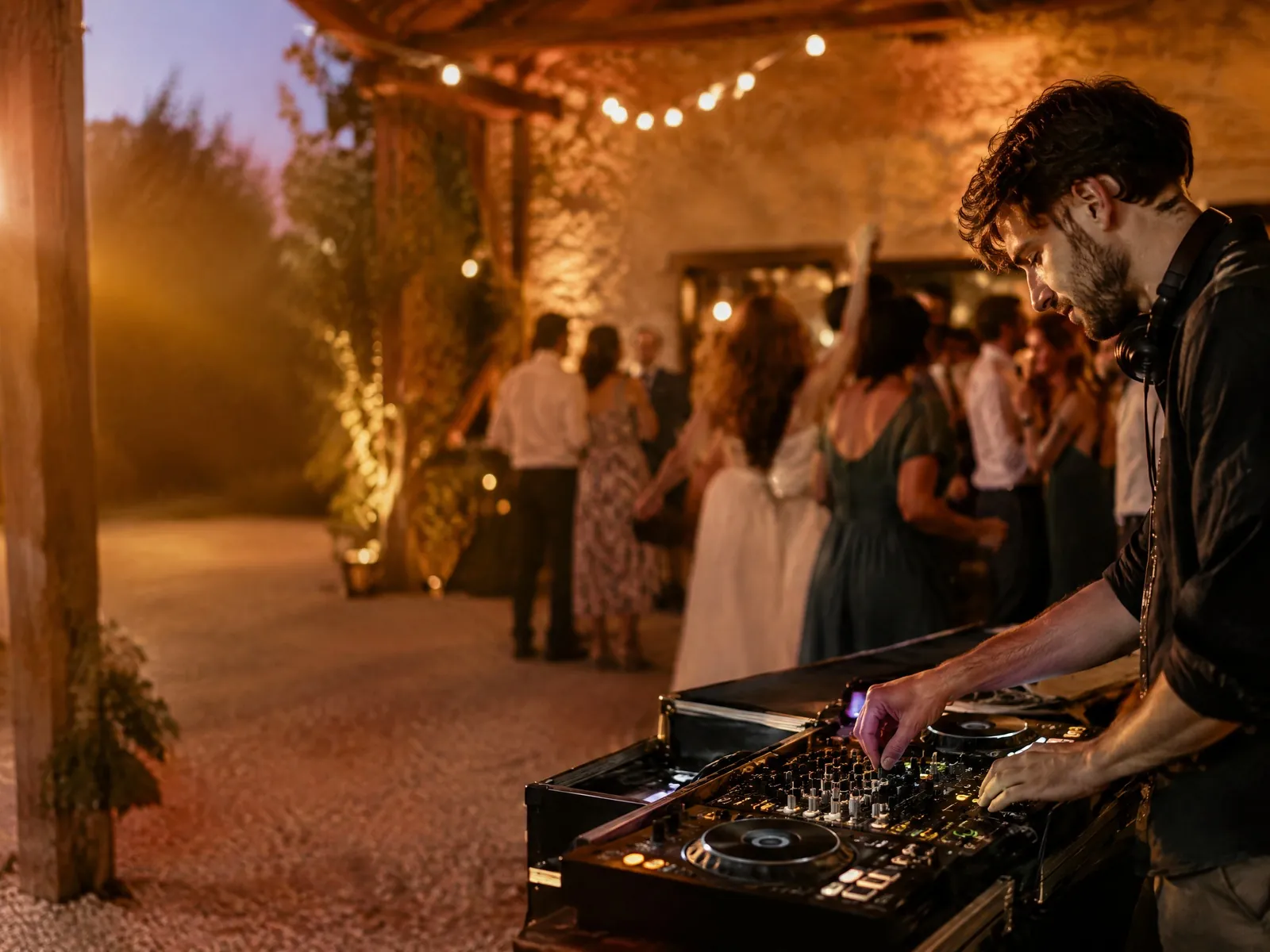 DJ am Mischpult auf einer Hochzeitsfeier im Freien, die Gäste tanzen unter Lichterketten