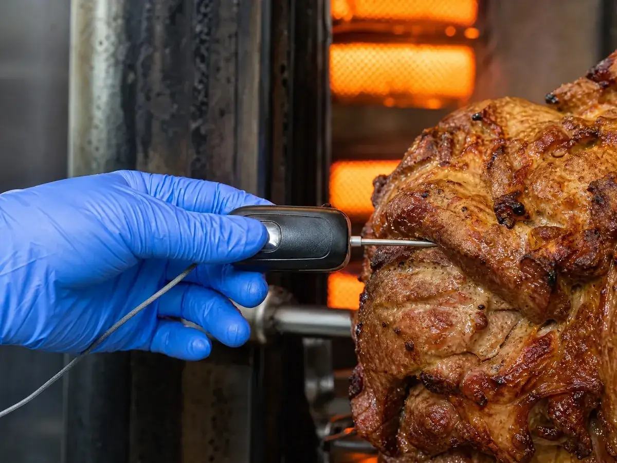 Hand im Handschuh misst im Dönerladen mit dem Einstichthermometer die Temperatur am Drehspieß