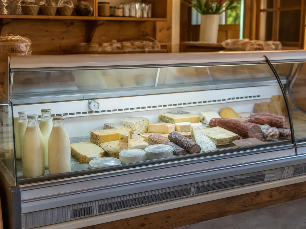 Kühltheke im Dorfladen mit regionalem Käse und Wurst, ein Thermometer kontrolliert die Kühlkette