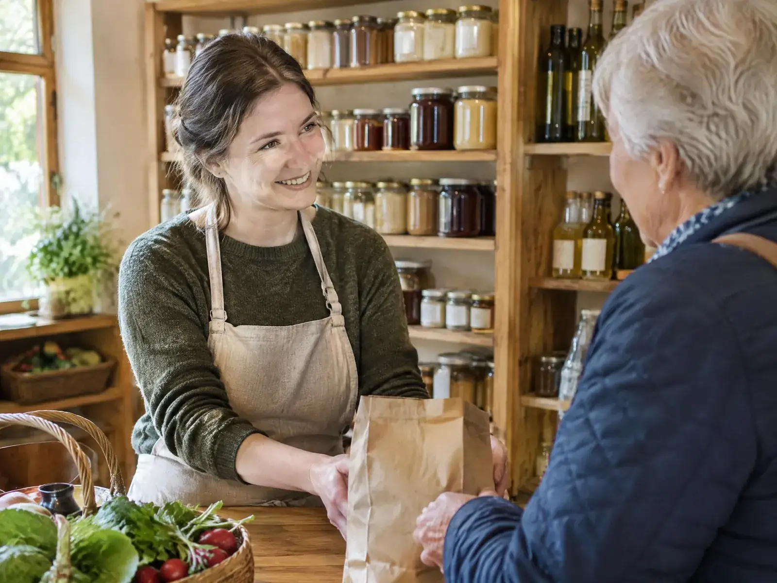 Dorfladen eröffnen: Verkäuferin bedient eine Kundin vor Regalen mit regionalen Produkten