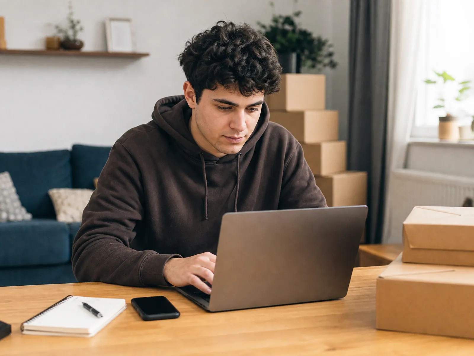 Dropshipping als Gewerbe: Junger Gründer prüft im Wohnzimmer Bestellungen am Laptop, daneben Versandkartons
