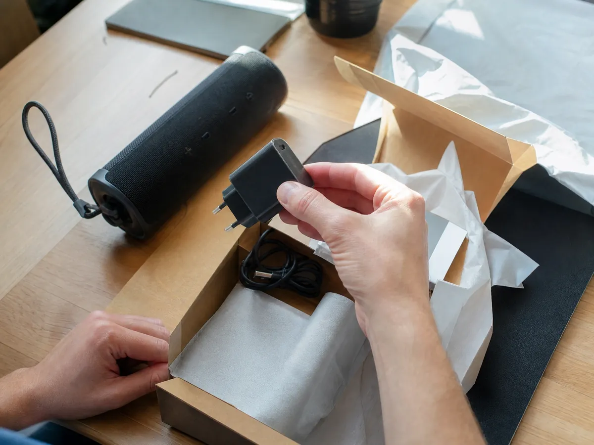 Hand prüft beim Dropshipping ein Netzteil aus einem Musterpaket auf Produktsicherheit