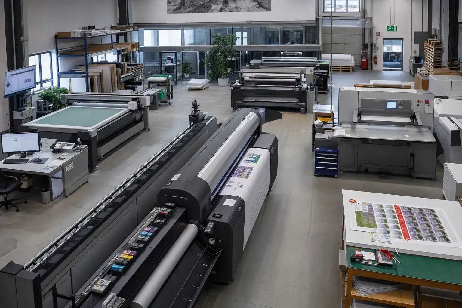 Blick von oben in eine Druckerei mit Großformatdruckern, Schneidetisch, Schneidemaschine und Regalen mit Papier