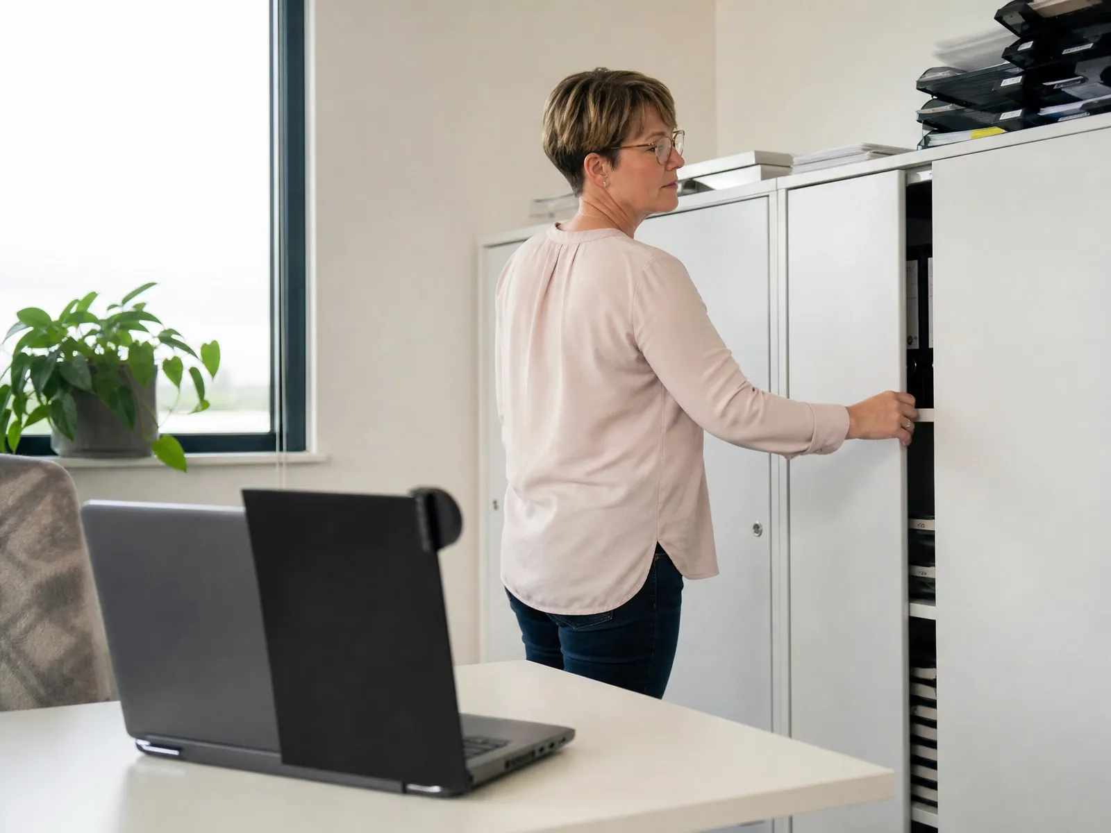 DSGVO für Selbstständige: Selbstständige verschließt in ihrem Büro einen Aktenschrank
