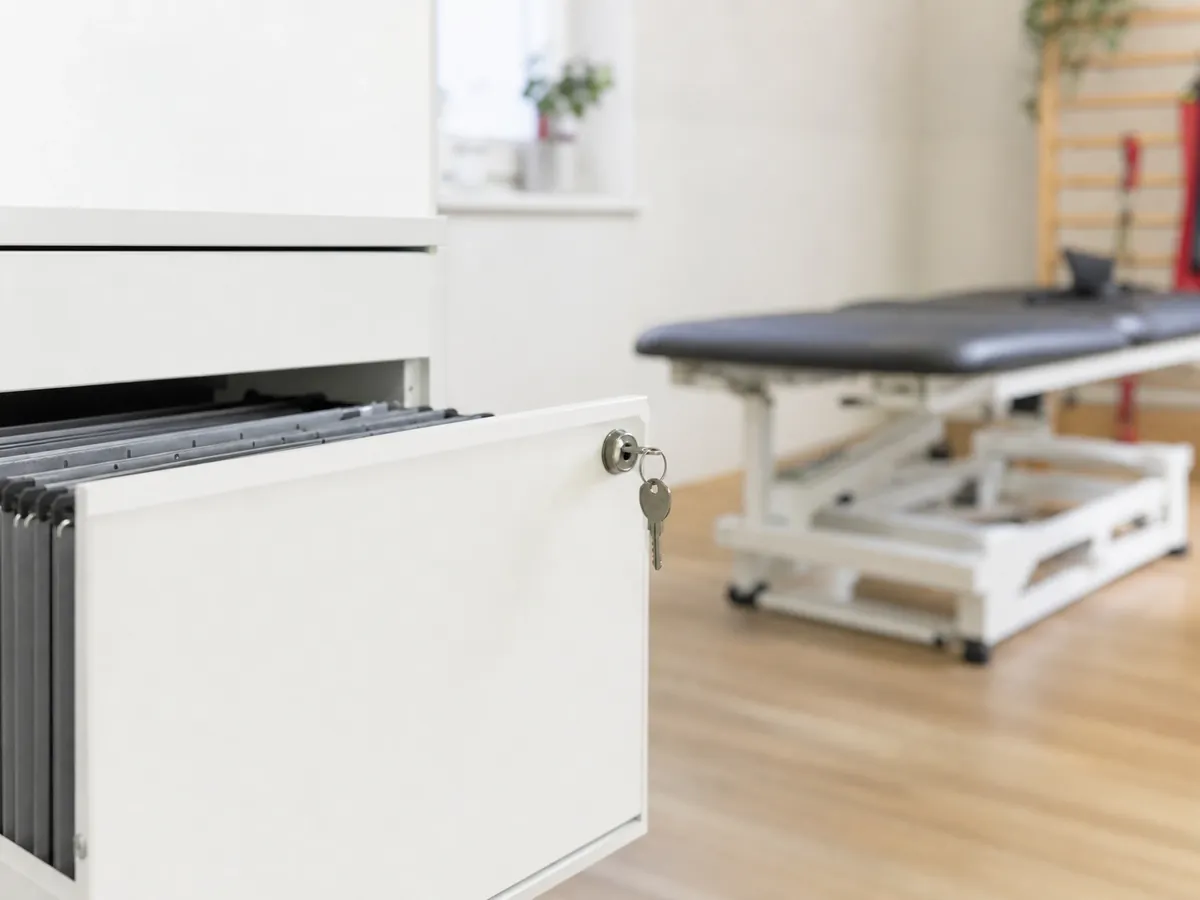 Abschließbarer Aktenschrank mit Patientenakten in einer Praxis zum Schutz von Gesundheitsdaten