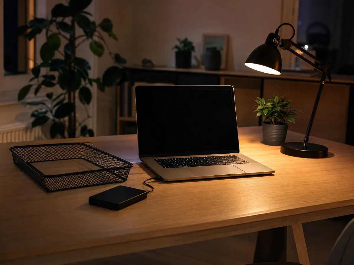 Schreibtisch mit Laptop und externer Festplatte zum Archivieren von E-Rechnungen, daneben leerer Ablagekorb
