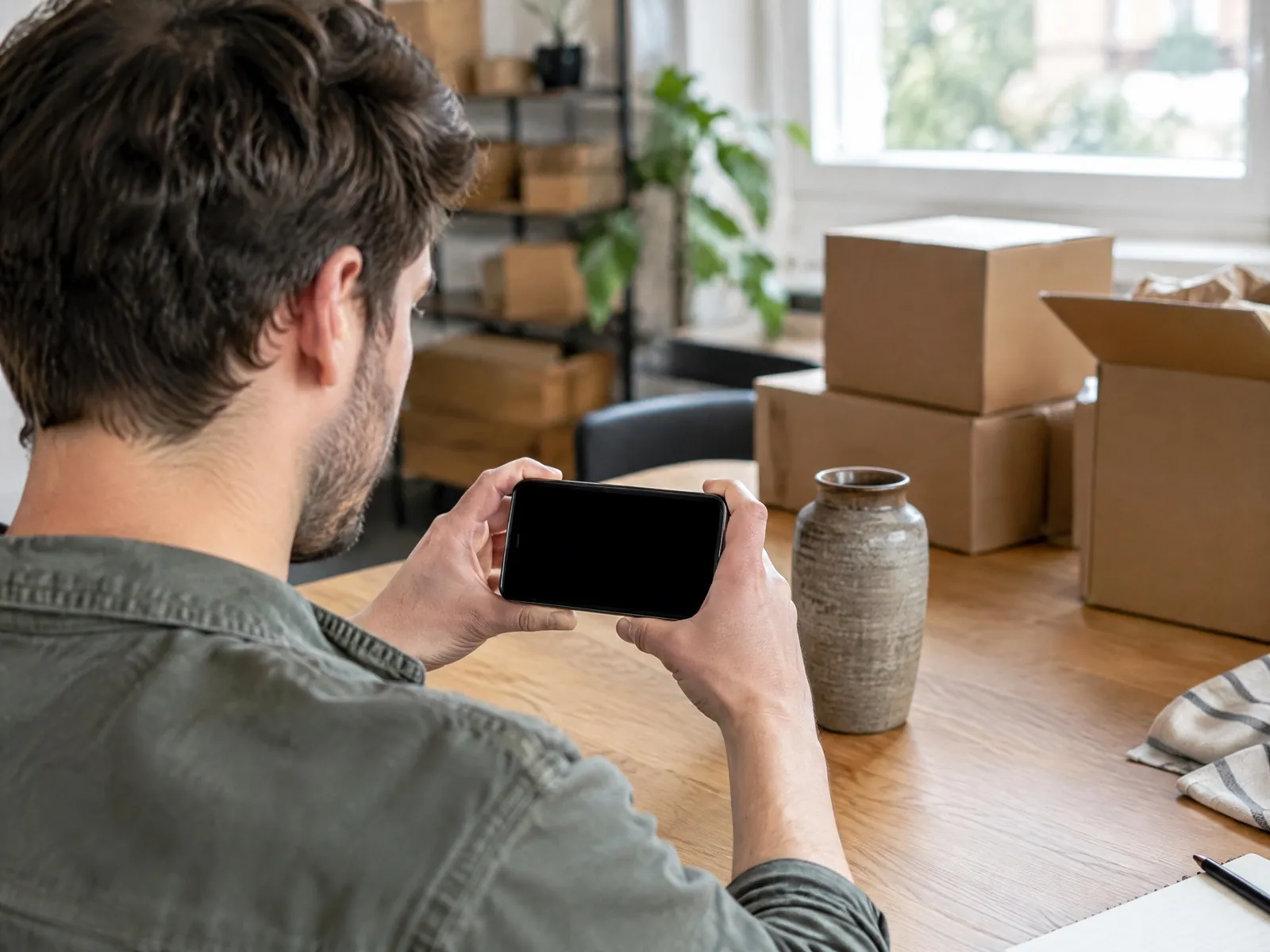 Ebay-Gewerbe anmelden: Verkäufer fotografiert einen Artikel mit dem Smartphone, dahinter Versandkartons