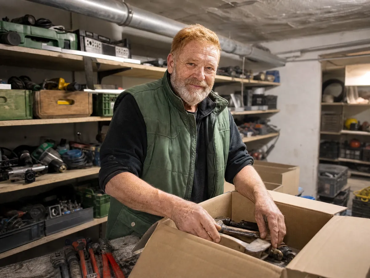 Gewerblicher Onlinehändler verpackt in seinem Kellerlager gebrauchtes Werkzeug für den Versand