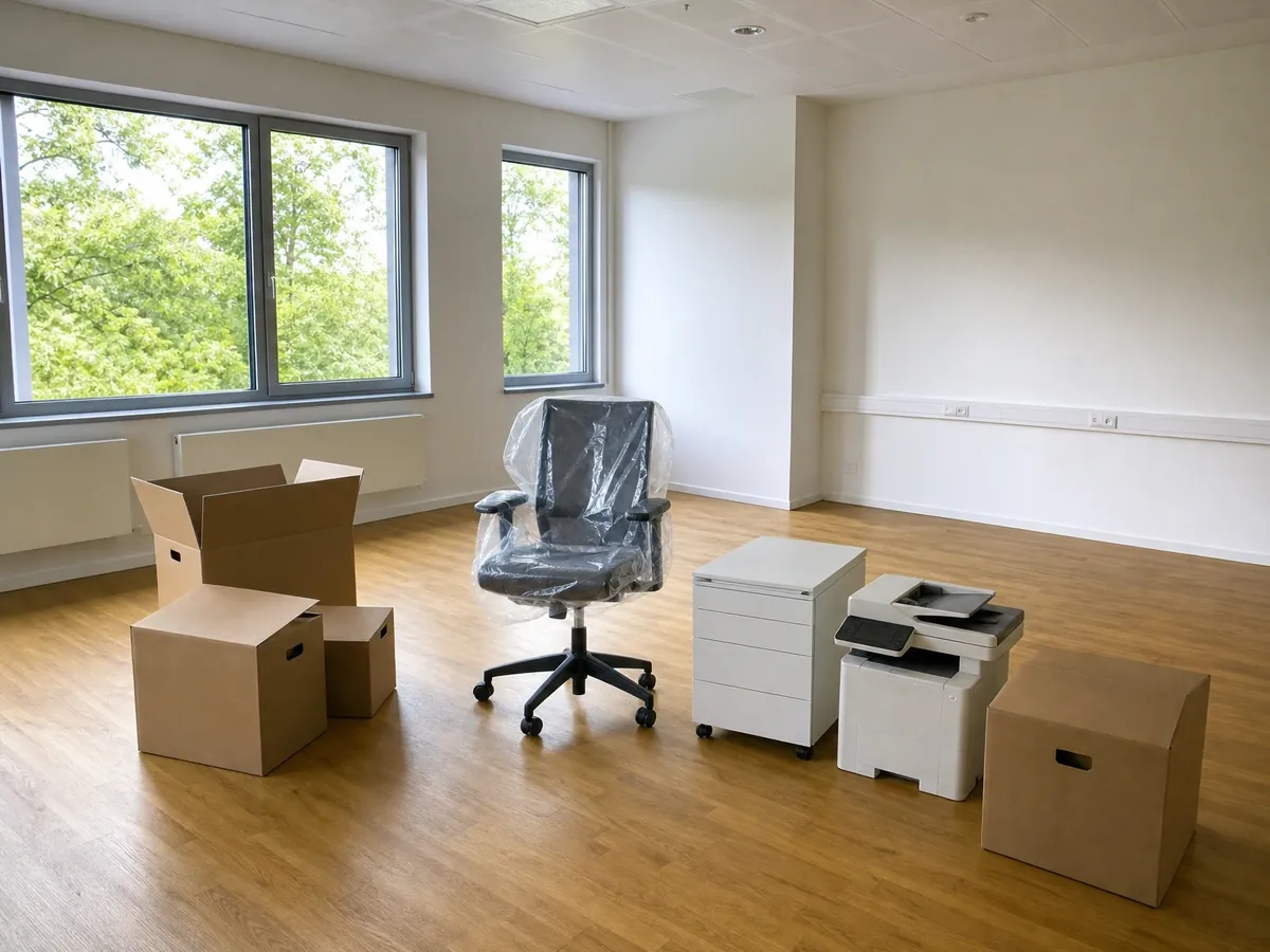Neue Büroausstattung in einem leeren Raum als Teil des Kapitalbedarfs bei der Firmengründung