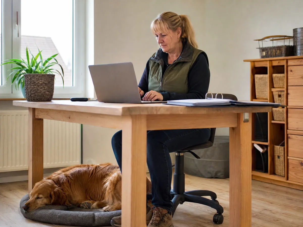 Hundetrainerin übermittelt am Laptop ihre Anlage EÜR, ihr Hund schläft unter dem Schreibtisch