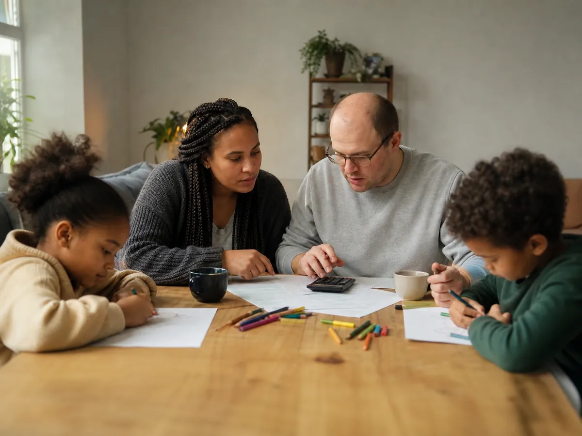 Paar rechnet am Esstisch das Einstiegsgeld für die Familie aus, Kinder malen am Tischende