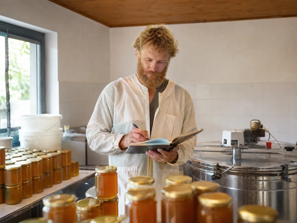 Selbstständiger Imker rechnet in seiner Schleuderkammer Steuern und Gewinn im Notizbuch