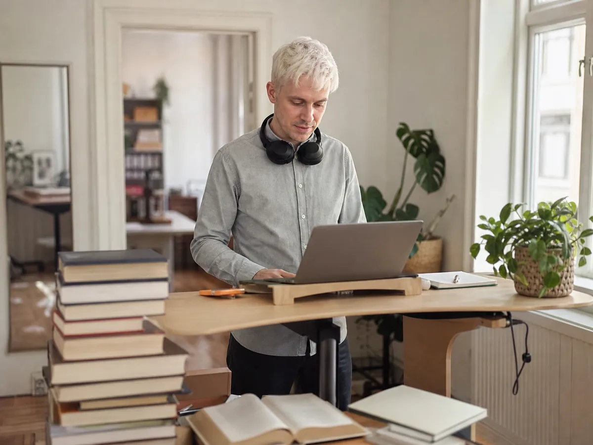 Freiberuflicher Übersetzer arbeitet als Einzelunternehmer am Stehpult zwischen Wörterbüchern
