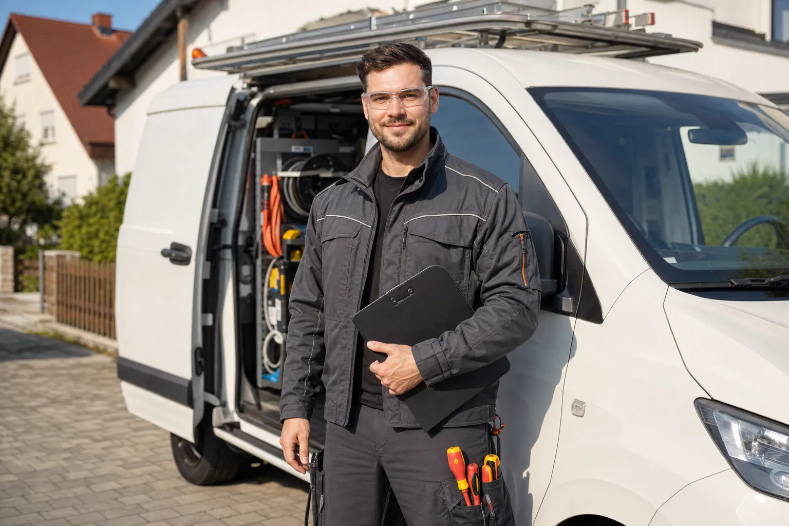 Selbstständiger Elektriker vor seinem Firmenfahrzeug mit Werkzeug und Klemmbrett