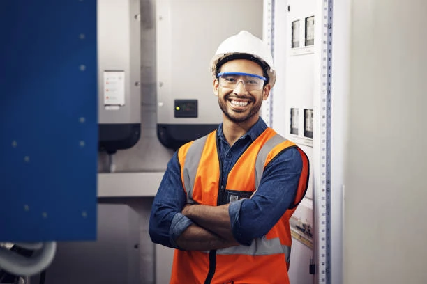 Elektriker mit Helm, Schutzbrille und Warnweste steht lächelnd vor geöffneten Schaltschränken