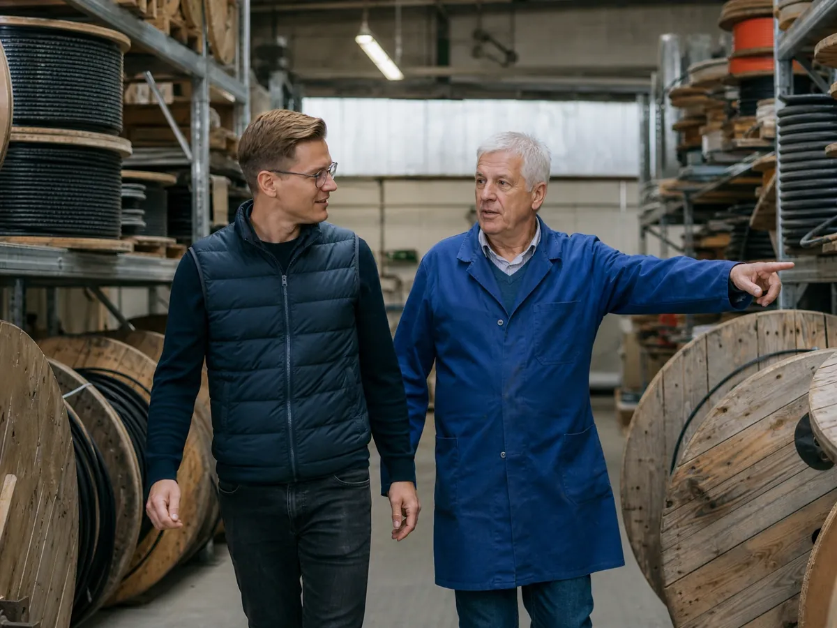 Nachfolger und Inhaber gehen vor dem Kauf durch das Materiallager eines Elektrobetriebs