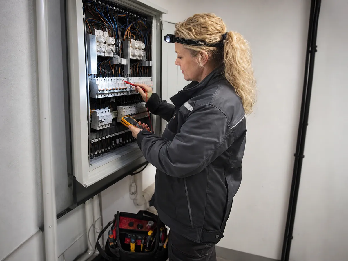 Elektromeisterin prüft mit einem Messgerät die Sicherungen in einem Verteilerkasten