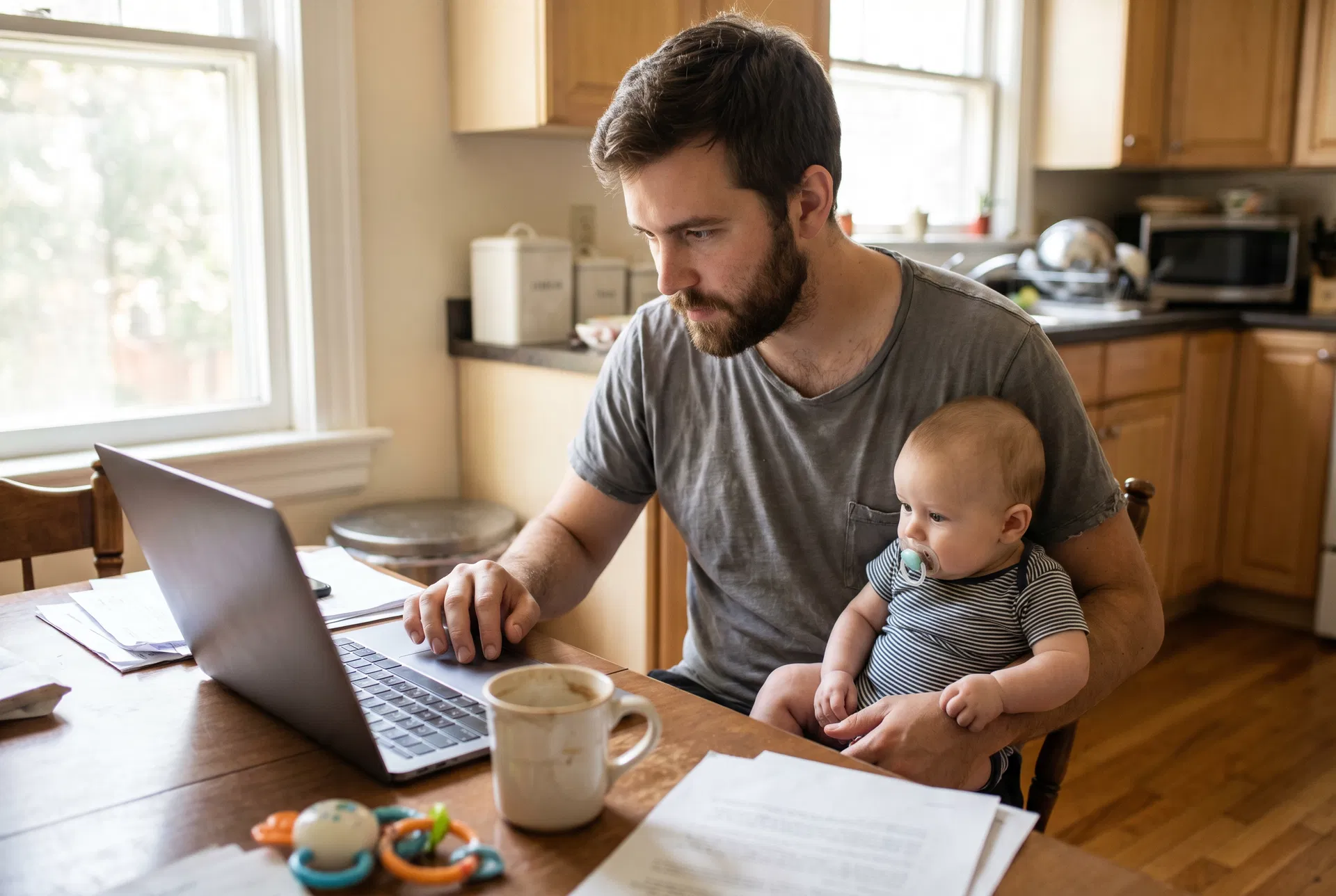 Vater mit Baby auf dem Schoß arbeitet in der Küche am Laptop, daneben Unterlagen und eine Tasse