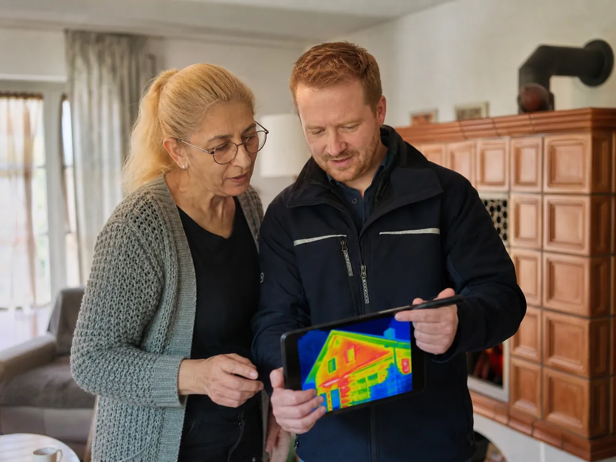 Energieberater zeigt einer Hausbesitzerin bei der geförderten Beratung ein Wärmebild ihres Hauses