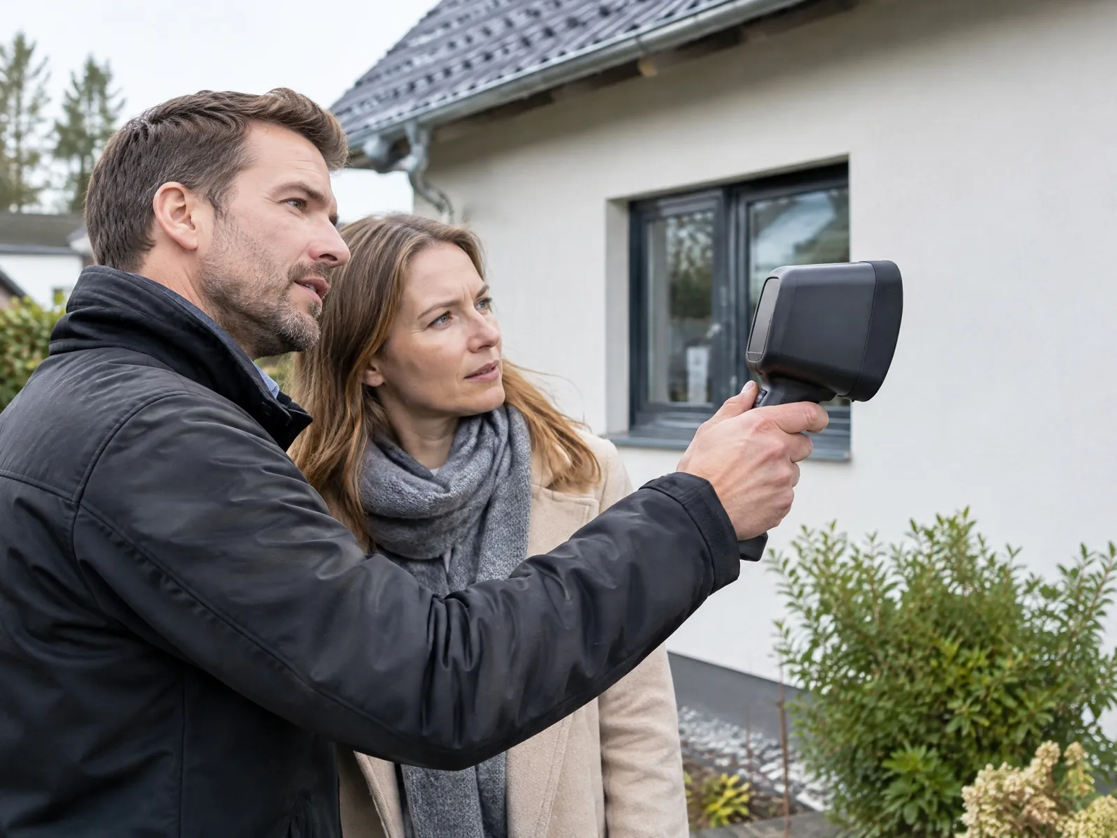 Energieberater werden: Berater prüft mit der Wärmebildkamera die Hausfassade, die Eigentümerin schaut zu