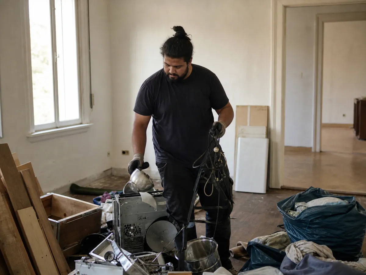 Entrümpler trennt in einer Wohnung Hausrat nach Holz, Metall und Elektrogeräten für die Entsorgung
