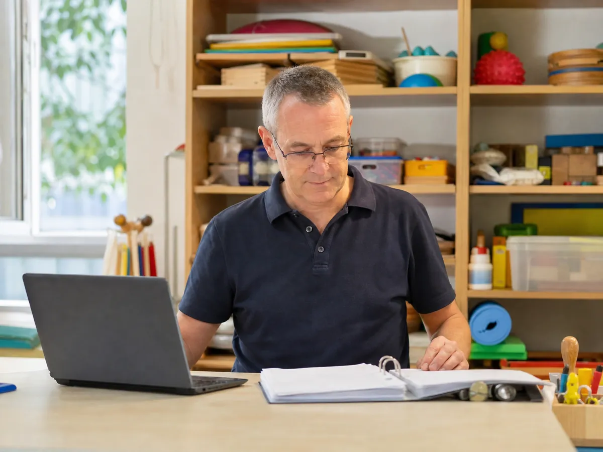 Ergotherapeut erledigt nach Feierabend in seiner Praxis die Abrechnung am Laptop