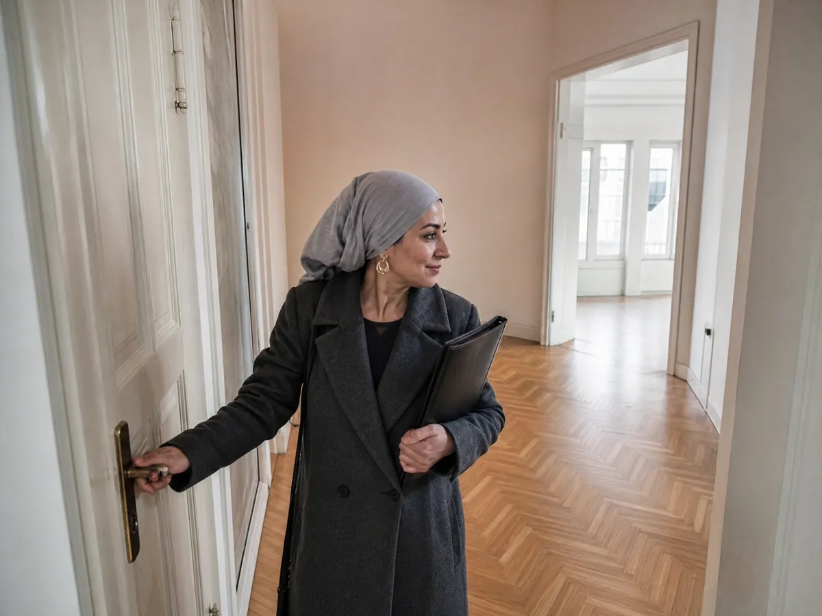 Immobilienmaklerin schließt für eine Besichtigung eine Altbauwohnung auf, ein erlaubnispflichtiges Gewerbe