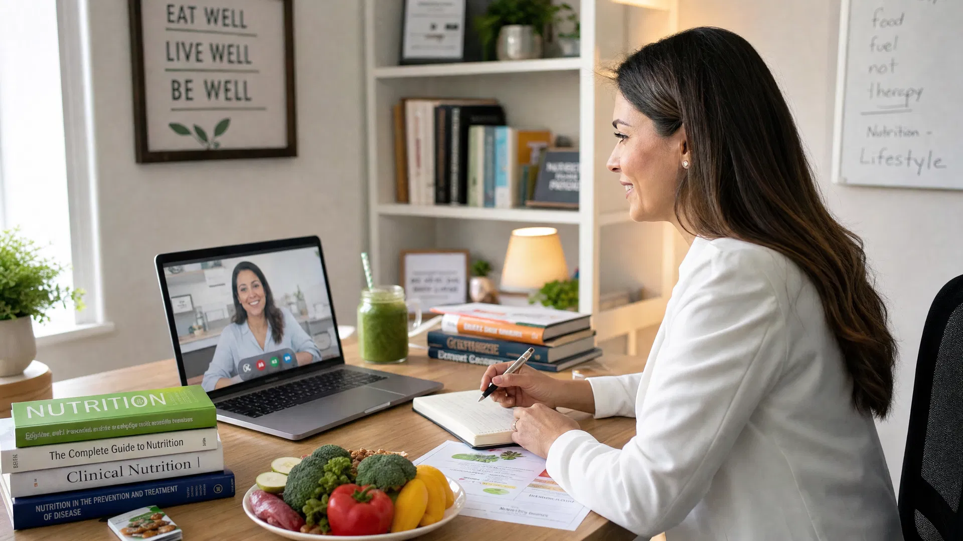 Beraterin im hellen Blazer sitzt am Schreibtisch und spricht per Videoanruf am Laptop mit einer Kundin, daneben Gemüse und Fachbücher