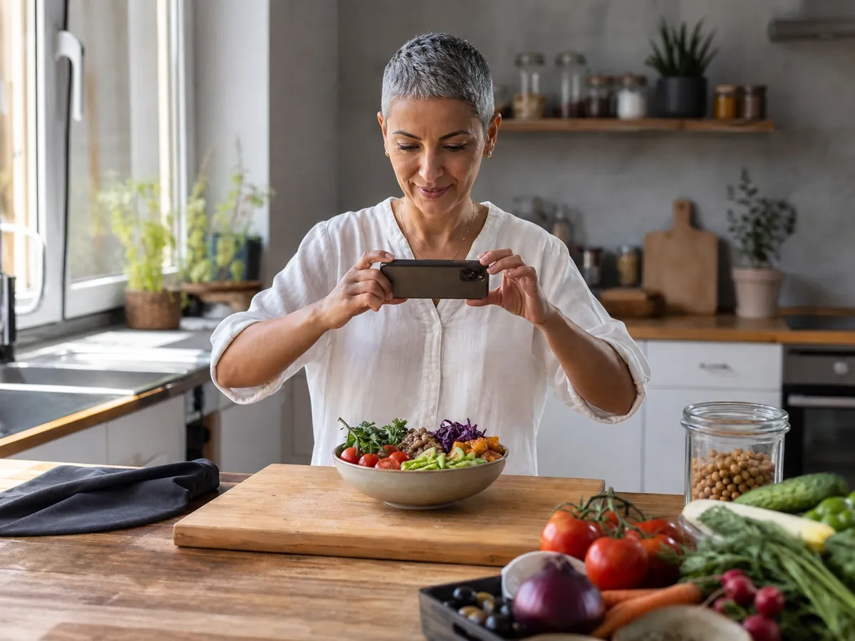 Ernährungsberaterin fotografiert in ihrer Lehrküche eine Gemüsebowl für ihre Werbung in sozialen Medien
