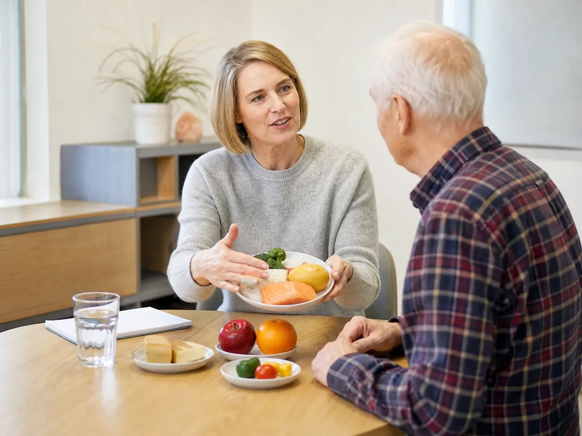 Ernährungsberaterin erklärt einem Klienten in ihrer Praxis Portionsgrößen an Lebensmittelmodellen