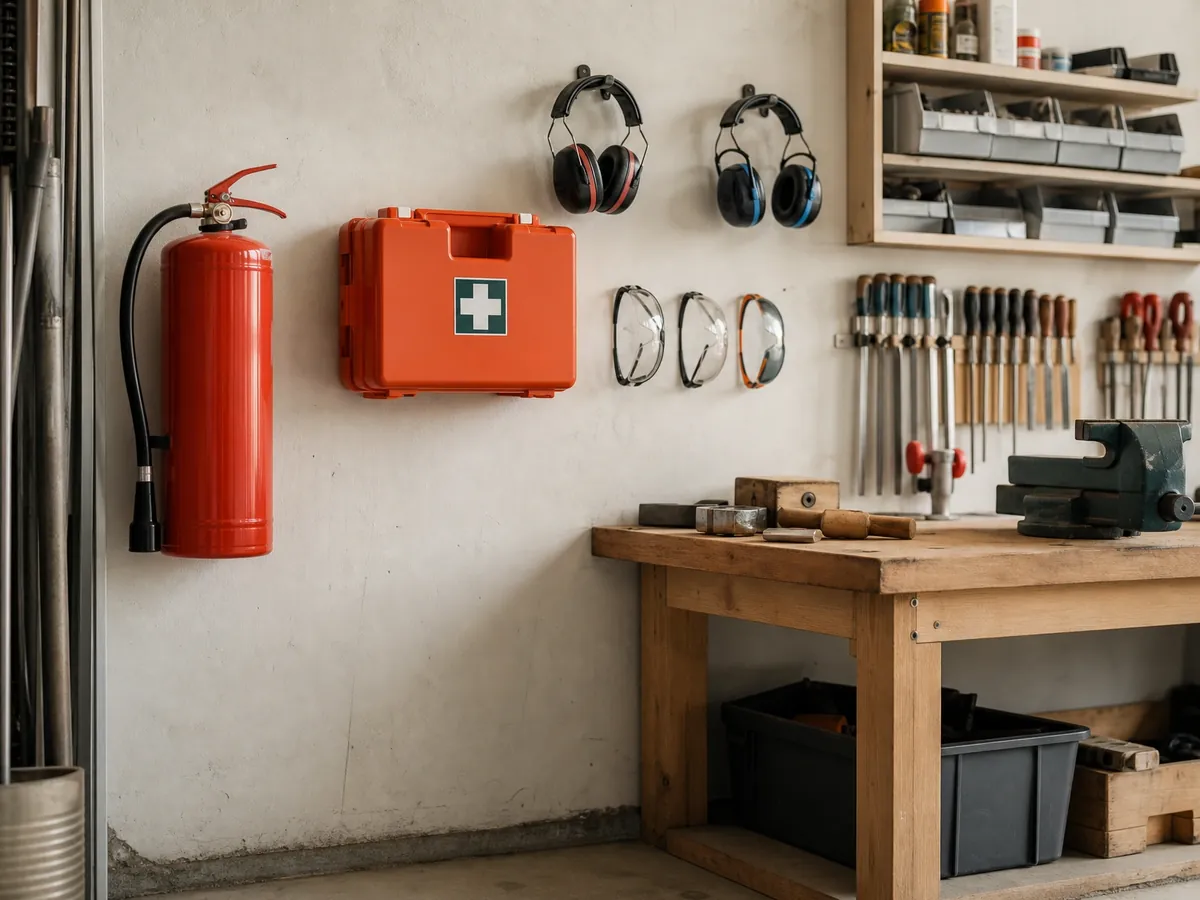 Feuerlöscher, Erste-Hilfe-Kasten und Schutzausrüstung an der Wand einer Werkstatt für den Arbeitsschutz
