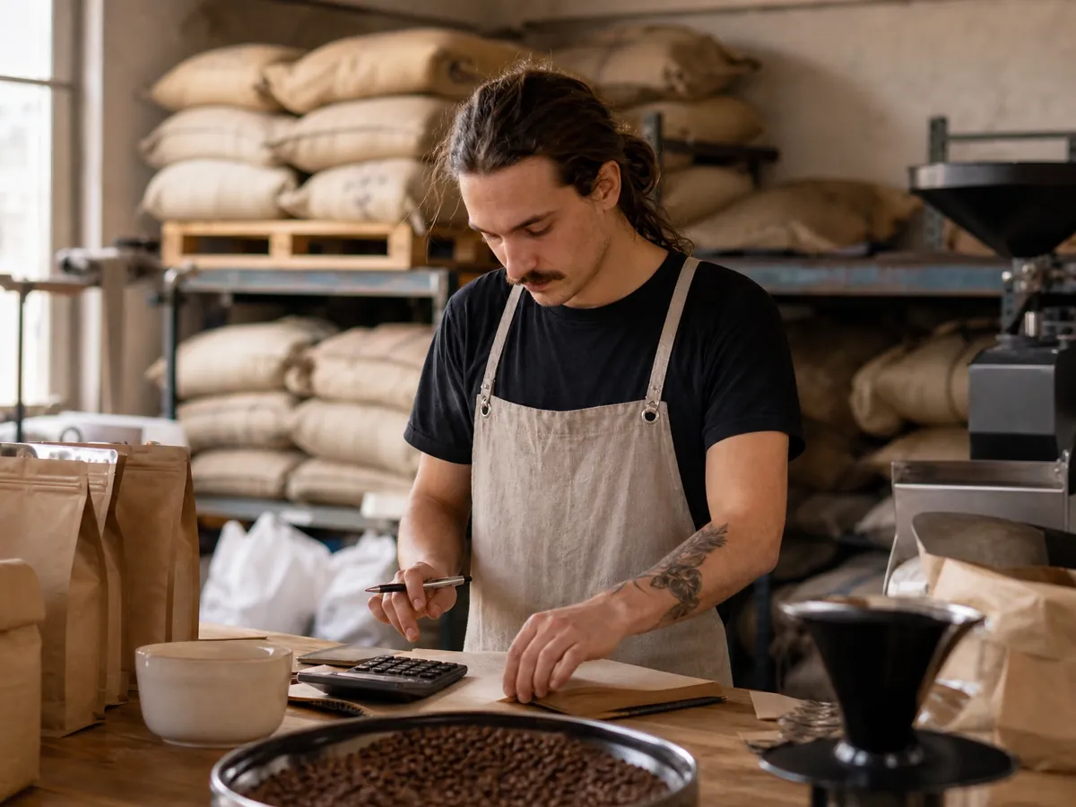 Inhaber einer Kaffeerösterei rechnet am Packtisch die Kosten für seinen ersten Mitarbeiter durch