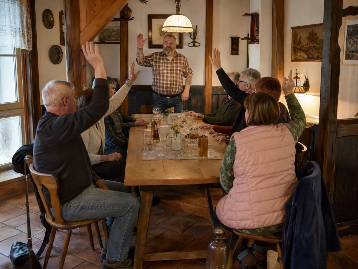 Gründungsversammlung eines Vereins im Gasthaus, sieben Mitglieder stimmen per Handzeichen ab